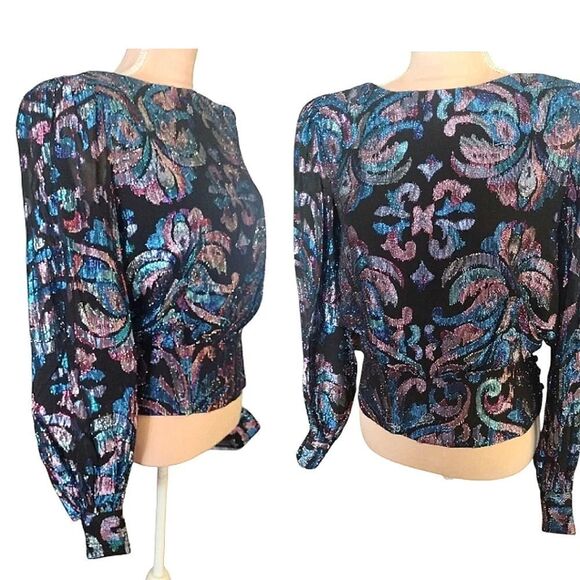 VTG 70s Black Blue Lurex Metallic Long Sleeve Panelled Hem Disco Blouse Medium - Picture 5 of 16